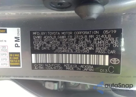 2020 Toyota Corolla Se from USA, damaged, VIN JTDS4RCE3LJ021593